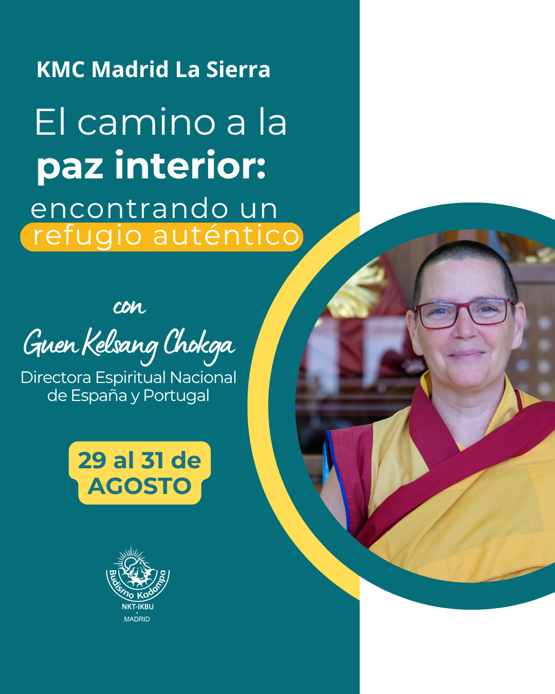 Practicantes reunidos durante la ceremonia de votos de refugio en un entorno sereno, parte del retiro “El camino a la paz interior” del Centro Budista Kadampa.